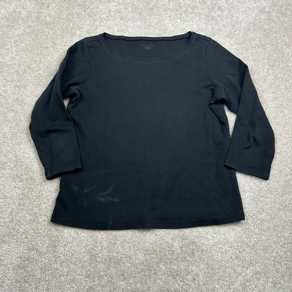 Eileen Fisher Shirt Womens Petite Large Black Basic Scoop Neck 3/4 Sleeve Top